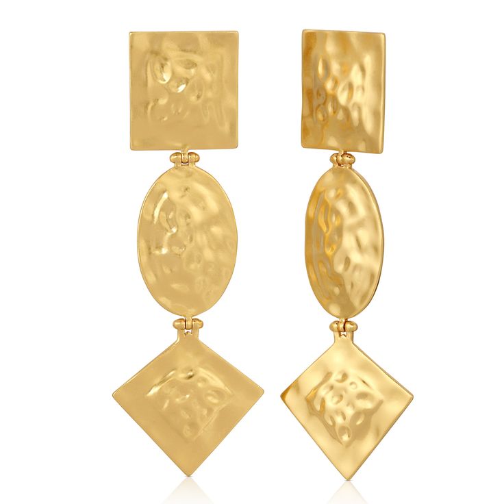 The Ciara Three Drop Earrings are easy to make a statement in. A golden three drop earring in a hammered texture. Brass with 14k yellow gold overlay Post with omega backing Approximately 3.25" in length Luxury Brass Clip-on Jewelry, Luxury Clip-on Brass Jewelry, Formal Gold Plated Rectangular Jewelry, Rectangular Yellow Gold Metal Jewelry, Formal Rectangular Gold Plated Jewelry, Gold Hammered Rectangular Jewelry, Hammered Gold Rectangular Jewelry, Luxury Gold Linear Earrings For Formal Occasions, Gold Brass Rectangular Earrings