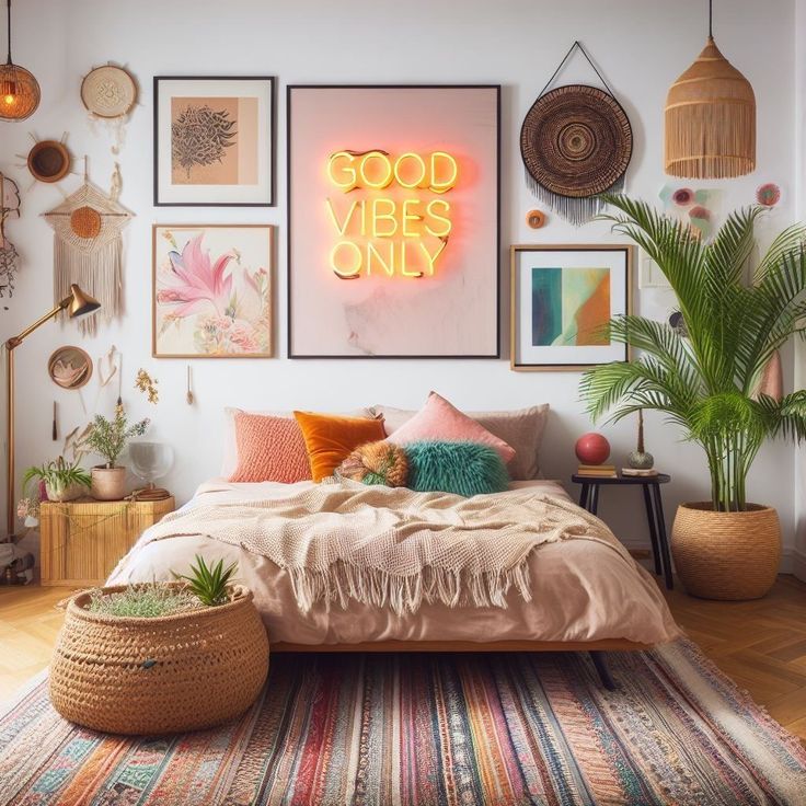 a bedroom with pictures and plants on the wall