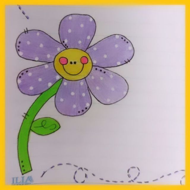 a drawing of a purple flower with a smiley face