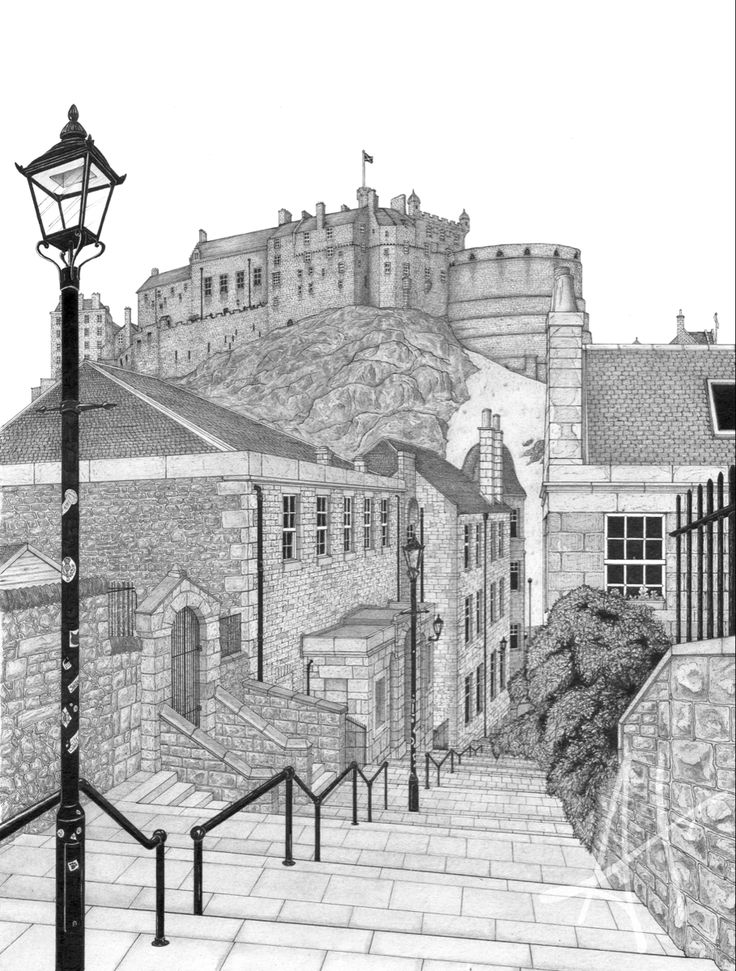 a drawing of a street light next to a stone building with a castle in the background