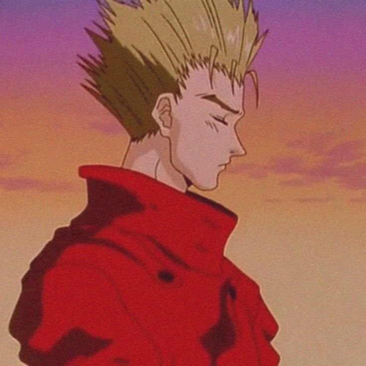 an anime character wearing a red jacket and standing in front of a purple sky with his eyes closed