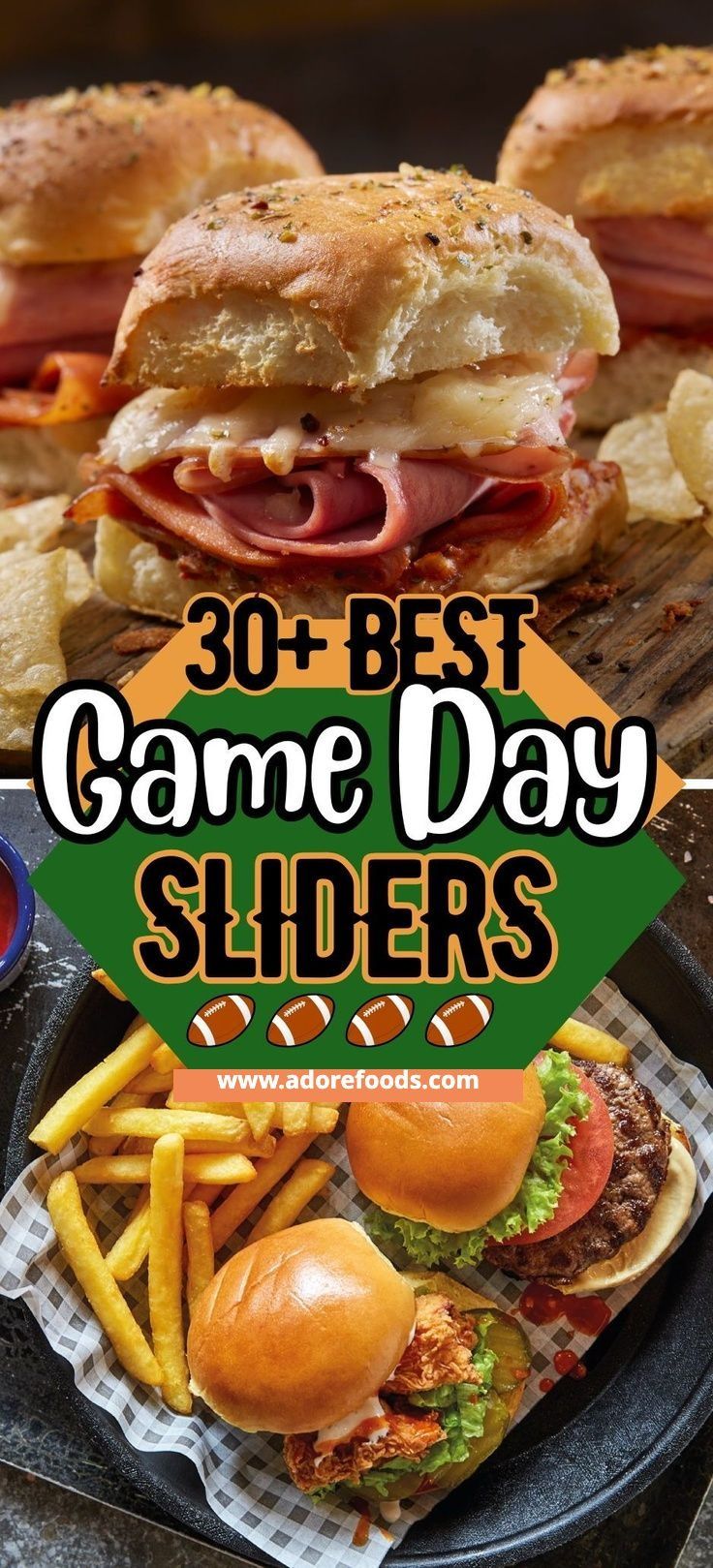 the best game day sliders and fries are in this collage with text overlay