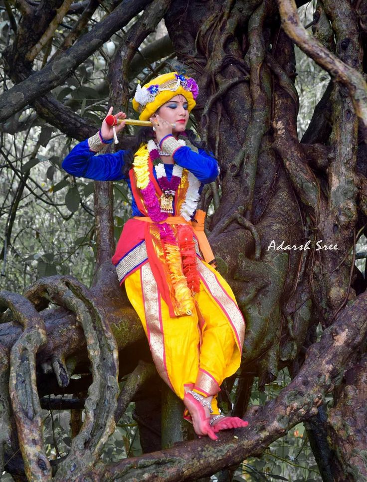 a woman dressed in colorful clothing standing on top of a tree