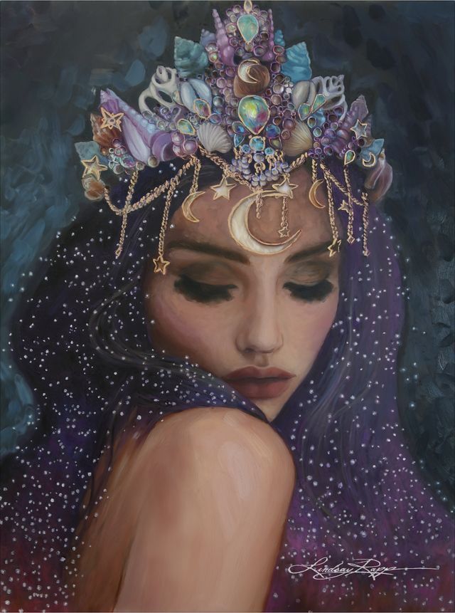 a painting of a woman wearing a tiara with stars and moon decorations on her head