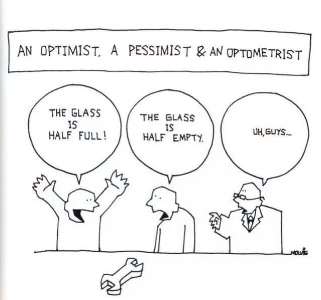 a cartoon depicting two men talking to each other with speech bubbles above them that say an optimist, a pessist and an optomenist