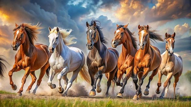 a group of horses running across a field under a cloudy sky with the sun behind them