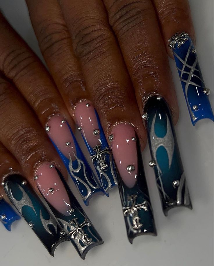 Acrylic Nails Ideas, Paznokcie Hello Kitty, Punk Nails, Long Acrylic Nail Designs, Nails Design With Rhinestones, Colored Acrylic Nails, Long Acrylic Nails Coffin, Acrylic Nails Coffin Pink, Long Square Acrylic Nails