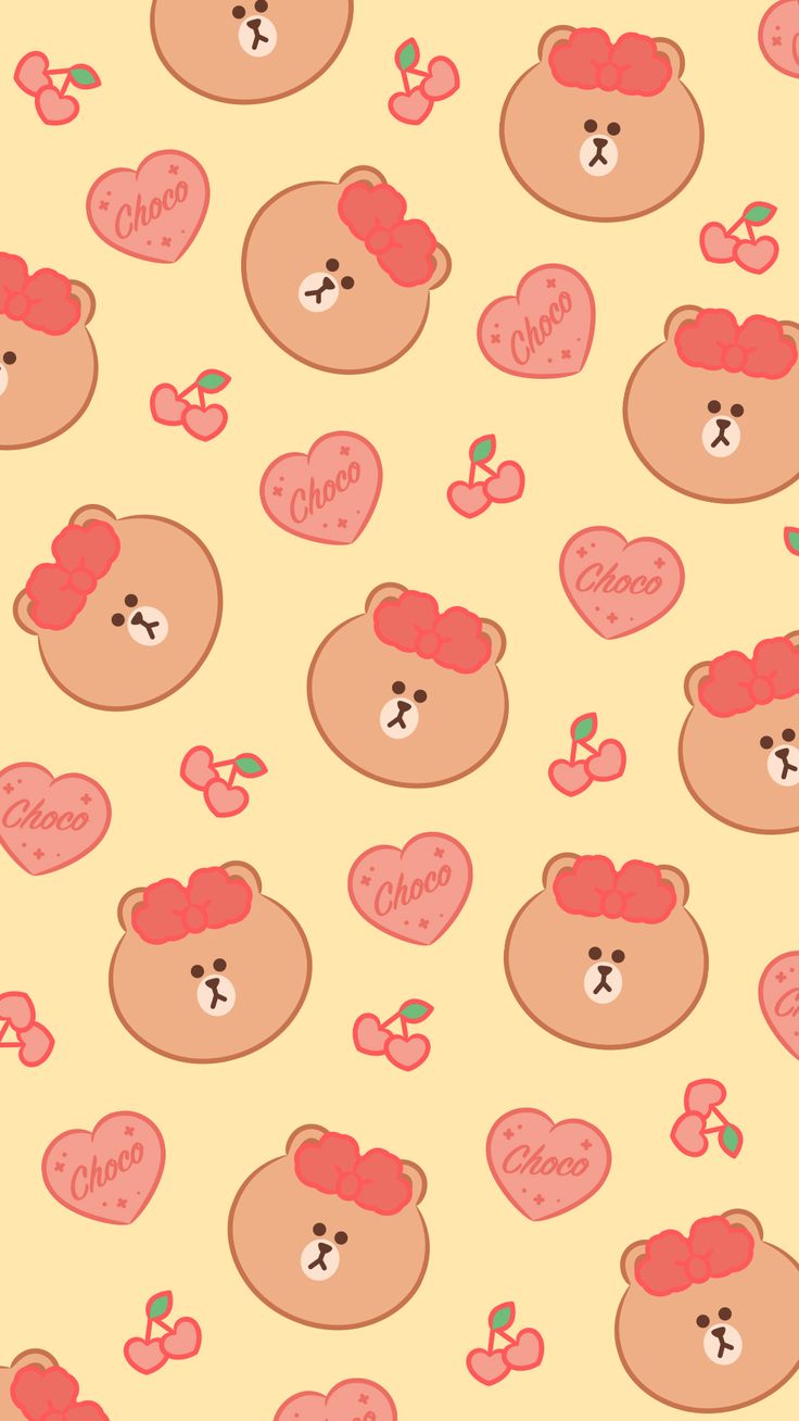 teddy bears with bows and hearts on a yellow background