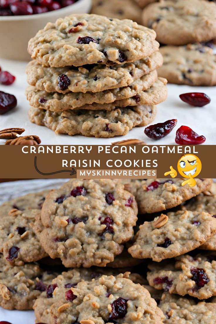 cranberry pecan oatmeal raisin cookies are stacked on top of each other