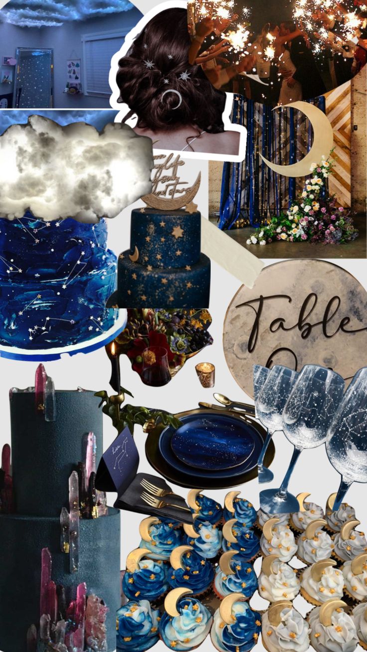 a collage of photos with blue and white colors, including clouds, stars, cake, candles, flowers, and other items