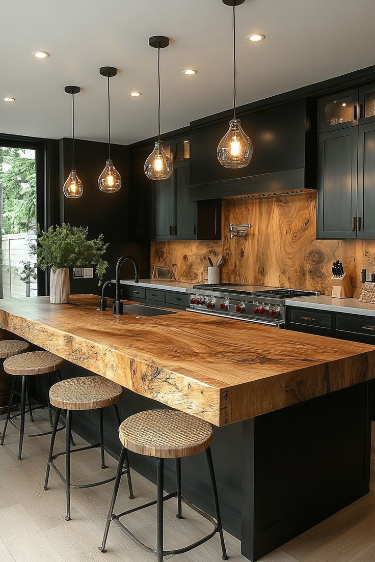 a large kitchen with wooden counter tops and stools