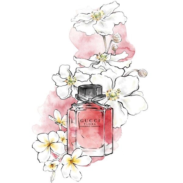 a watercolor drawing of a perfume bottle with flowers around it on a white background