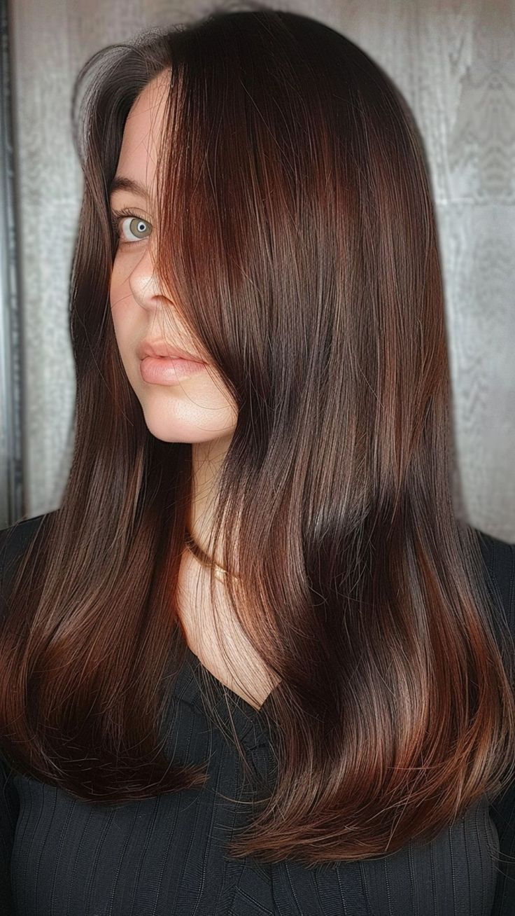 "Discover the Secret: Hidden Hair Colors That Surprise" Brown Hair With Auburn Tint, Dark Brown Hair With Auburn, Brown Hair With Auburn, Warm Dark Brown Hair, Brown Hair Tones, Brown Auburn Hair, Hidden Hair Color, Pastel Rainbow Hair, Black Brown Hair