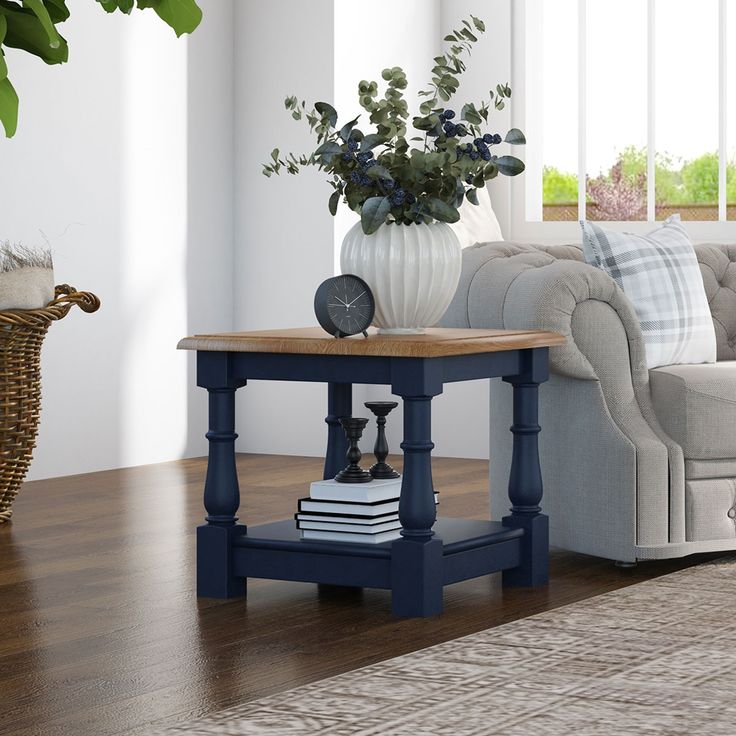 a living room with a couch, coffee table and potted plant