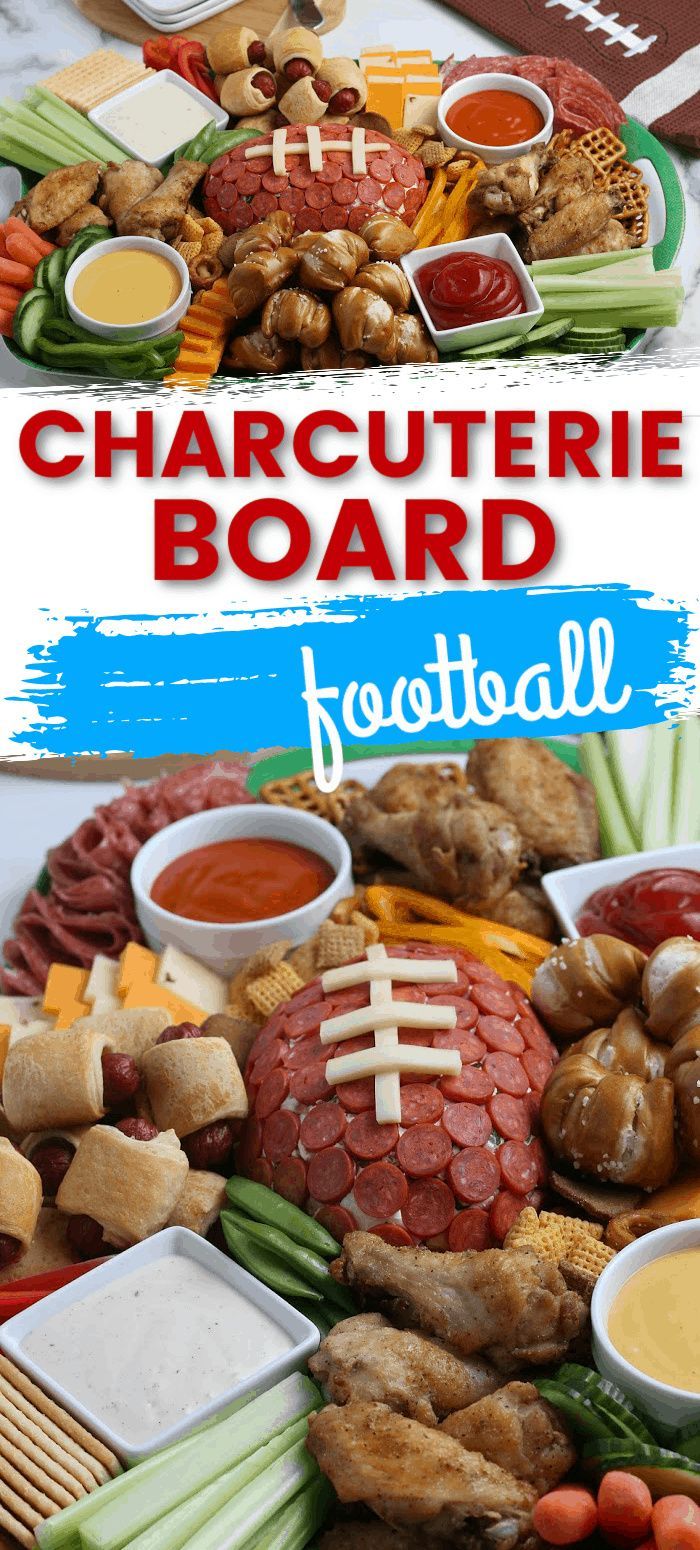 a football themed charcuterie board with meats and vegetables