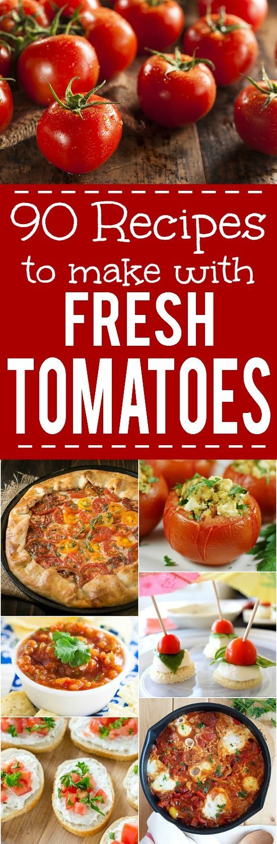 fresh tomatoes and other vegetables with text overlay that reads 50 recipes to make with fresh tomatoes