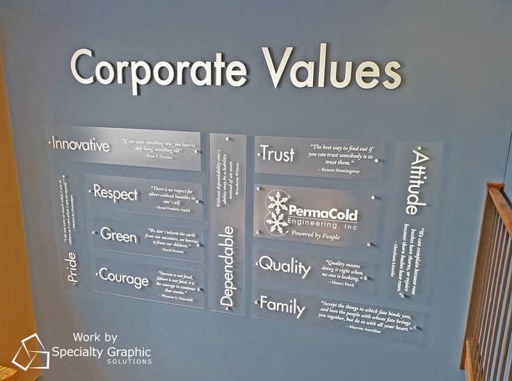 blue wall with 11 acrylic panels with values like Attitude, Trust, Family, Courage, Quality, Respect, Innovative.  The words Corporate Values are above the panels and are made from one half inch brushed aluminum.  Modern and striking - very unique and one of a kind Office Mission Statement Wall, Company Mission Statement Design, Corporate Office Branding Wall, Core Values Wall Art, Corporate Core Values Design, Corporate Values Poster, Mission Vision Values Design Poster, Corporate Bulletin Board Ideas, Corporate Values Wall