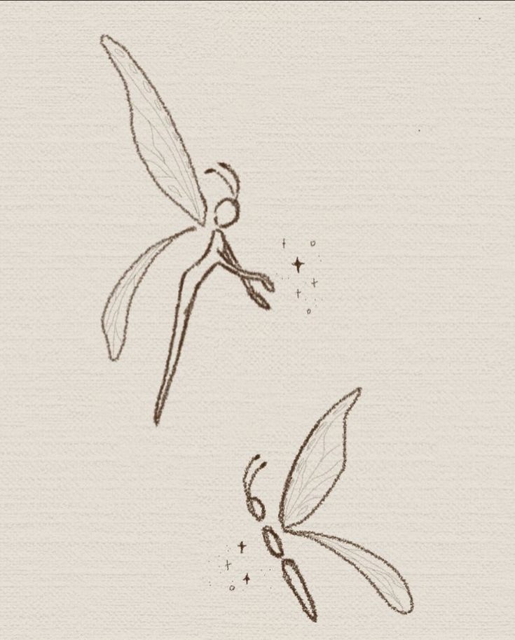 a drawing of two dragonflies flying in the sky