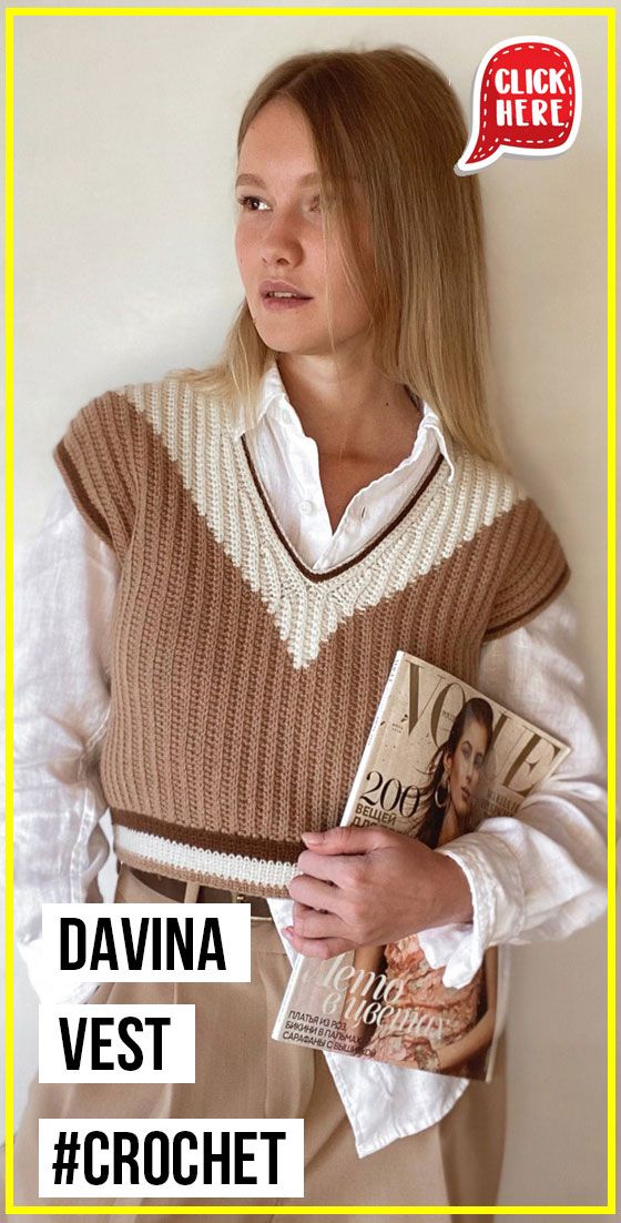 a woman holding a book in her hands and wearing a sweater over her shoulders with the caption davina vest crochet