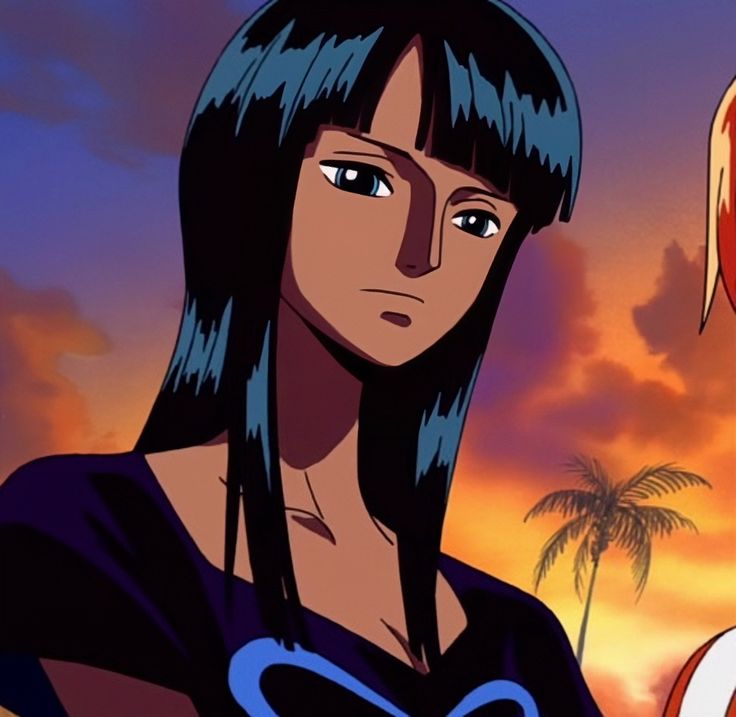 two anime characters standing next to each other in front of a sunset and palm tree