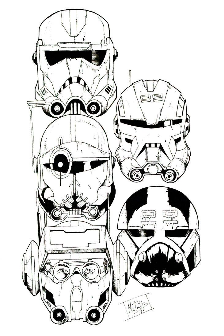 three star wars helmets are shown in black and white, with the faces drawn on them