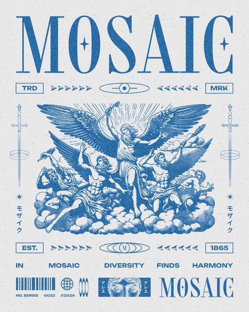 the poster for mosaic's concert with an angel on top of clouds