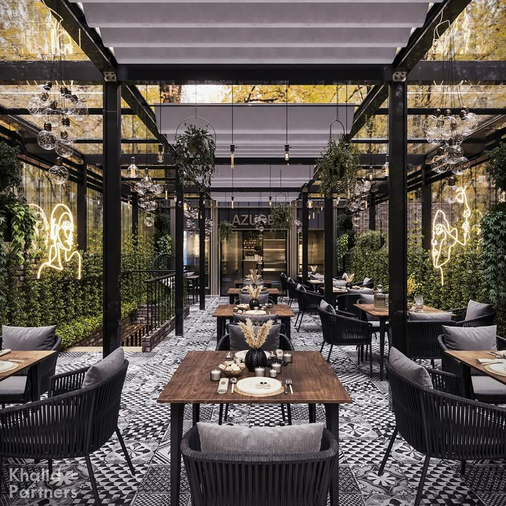 an outdoor dining area with tables and chairs