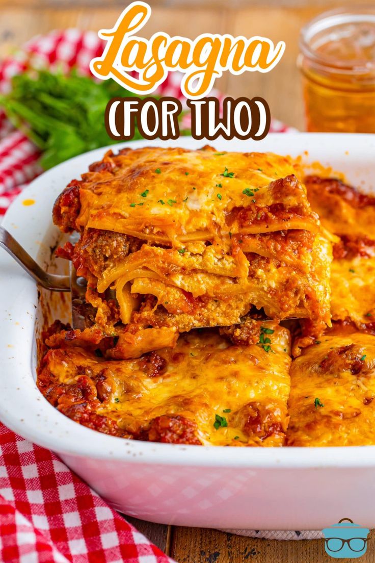 lasagna casserole in a white dish with the title overlaying it