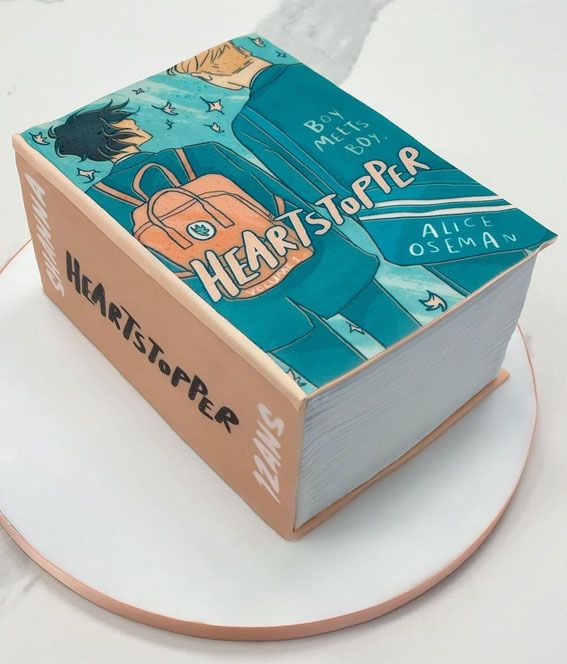 a book shaped cake sitting on top of a white plate