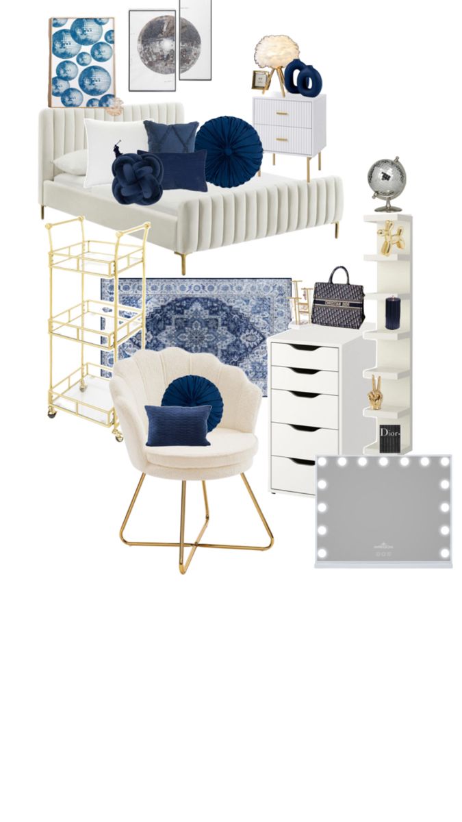 a collage of blue and white furniture with pictures on the wall