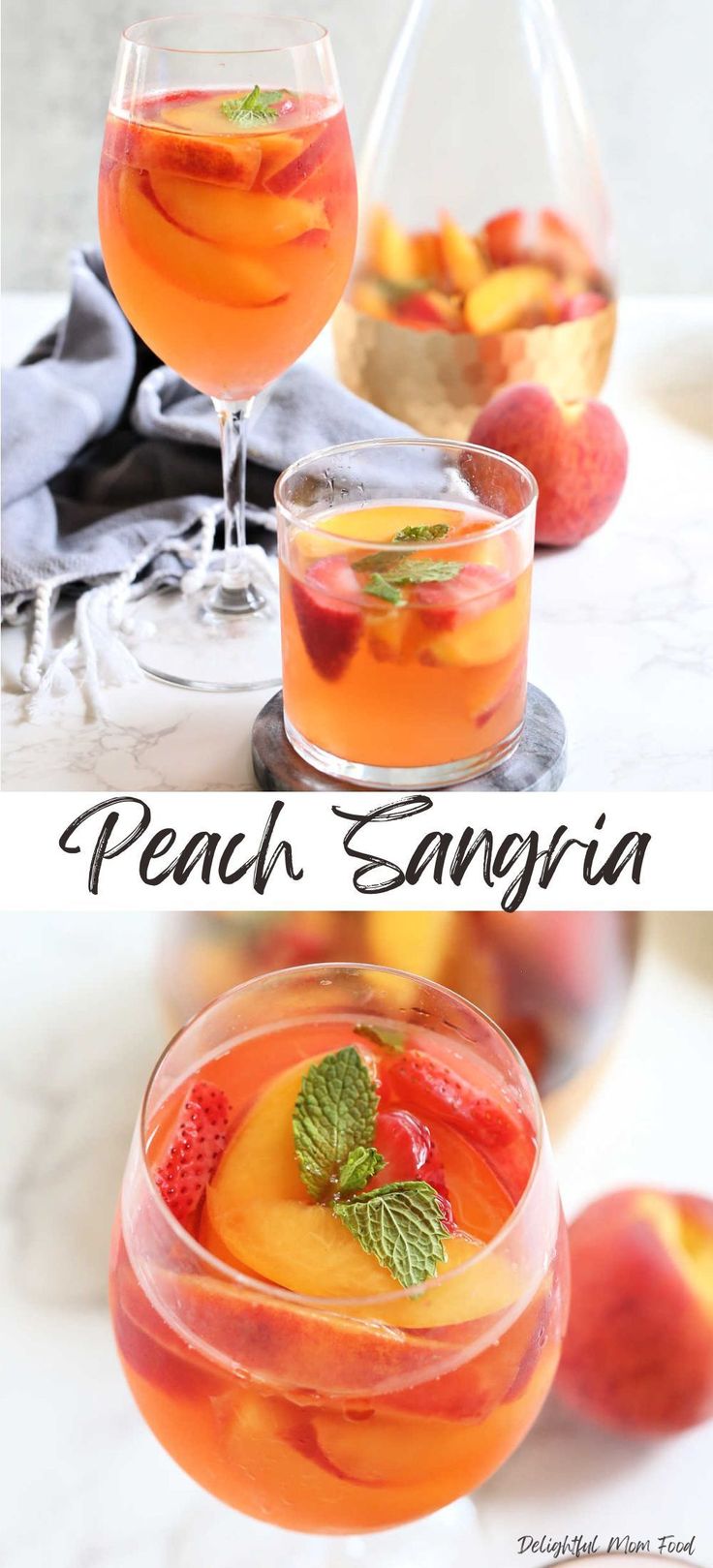 peach sangria with fresh fruit and mint garnish