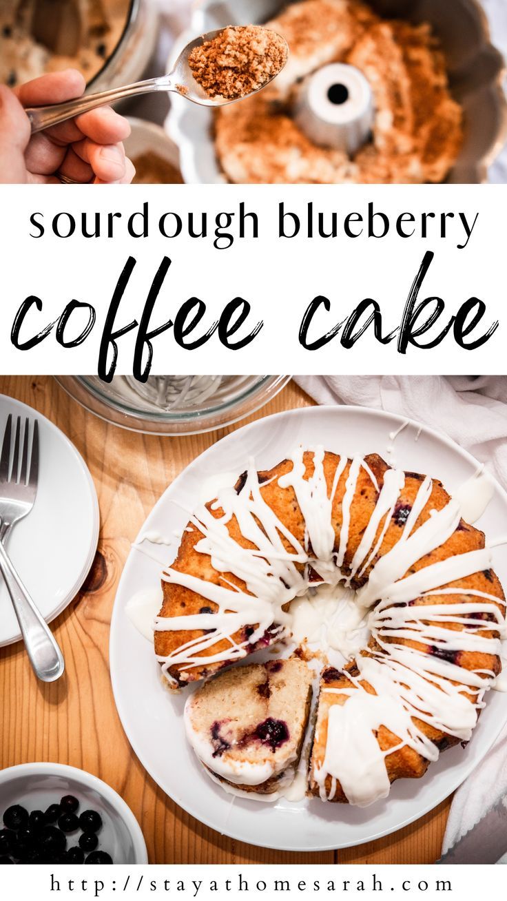 blueberry coffee cake on a white plate with the words sourdough blueberry coffee cake