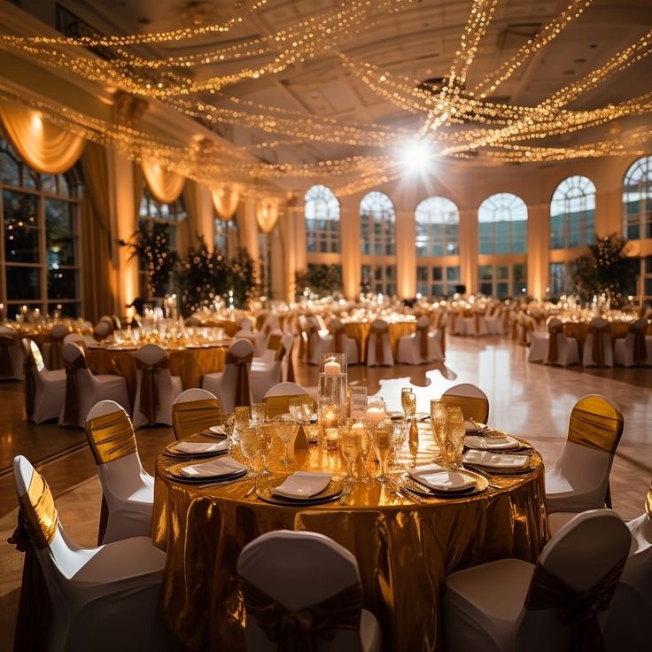 a banquet hall with tables and chairs covered in gold cloths, lit by fairy lights