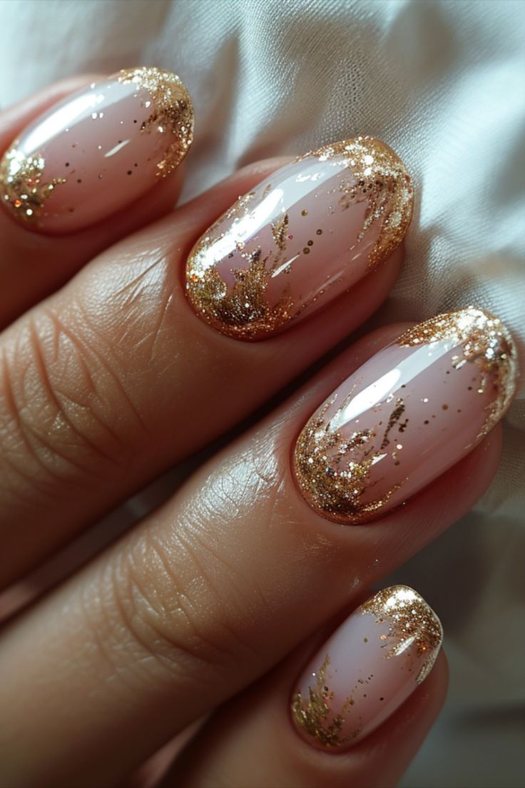 French Tip Nails 2024 Pink Golden Nail Art, Gold And Champagne Nails, Gold Airbrush Nails, Sun And Star Nails, Gold Sparkle Ombre Nails, French Tip Gold Line, Gold Bridesmaid Nails, Gold Accent Nail Design, Nude Bridal Nails