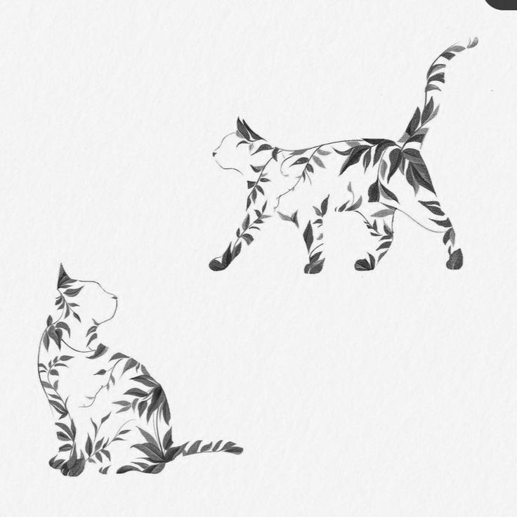 two cats that are standing next to each other on a white background with black and gray leaves