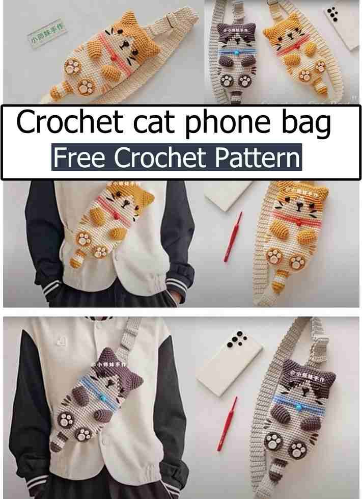 crochet cat phone bag with free crochet pattern and instructions to make it