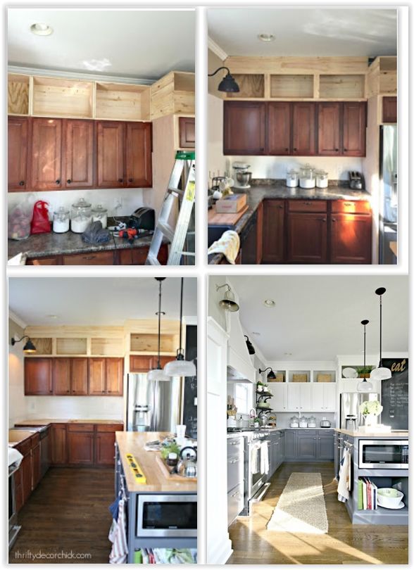 four pictures of different kitchen cabinets and appliances