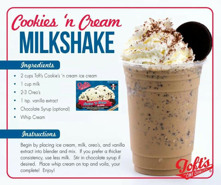 an advertisement for cookies'n cream milkshake, with information about the ingredients