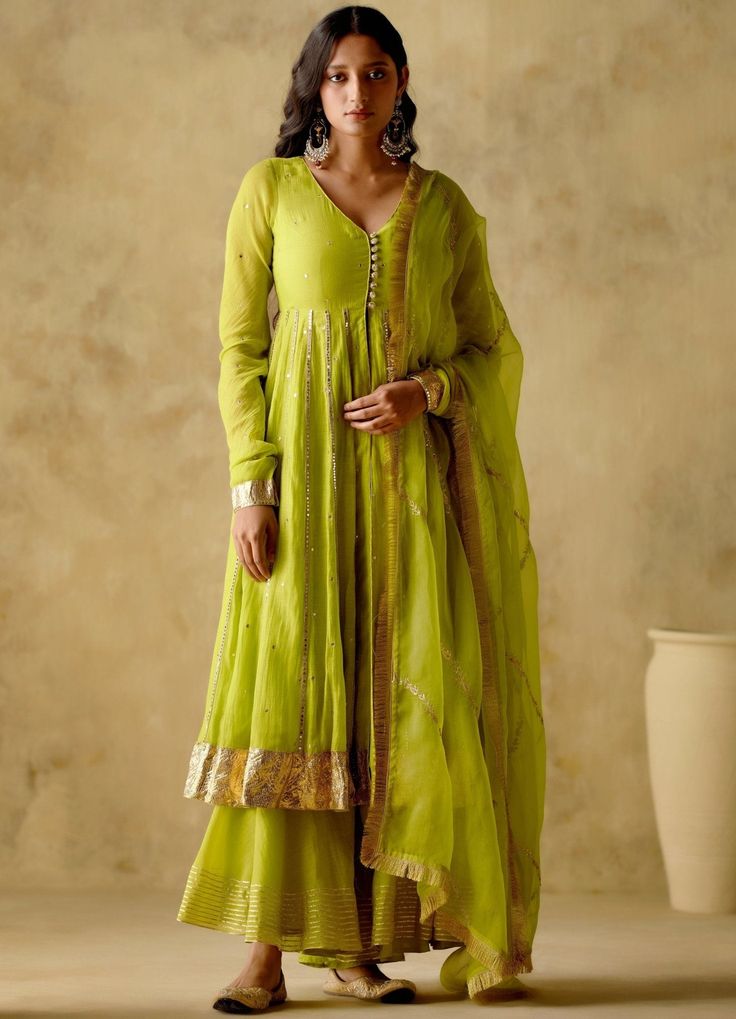 Neon Green Embellished Silk Anarkali Sharara Set Varun Chhabra - Fabilicious Fashion डिजाइनर कपड़े, Silk Anarkali, A Line Kurta, Indian Dress, Sharara Set, Kurta With Pants, Anarkali Dress, Indian Fashion Dresses, Suit Designs