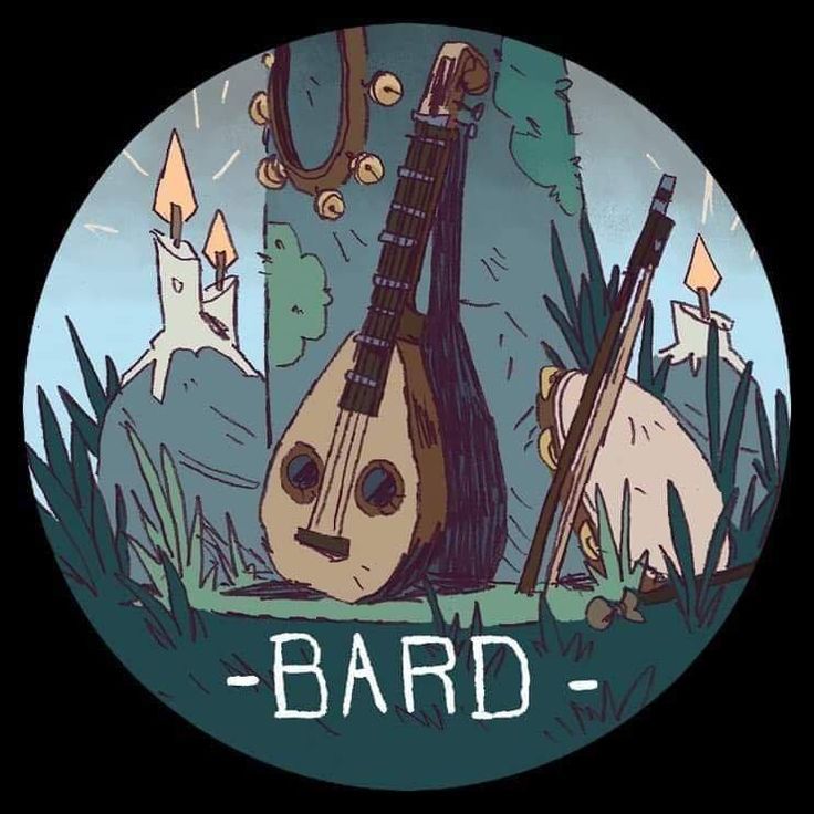 an illustration of a guitar and another instrument sitting in the grass with words bard on it