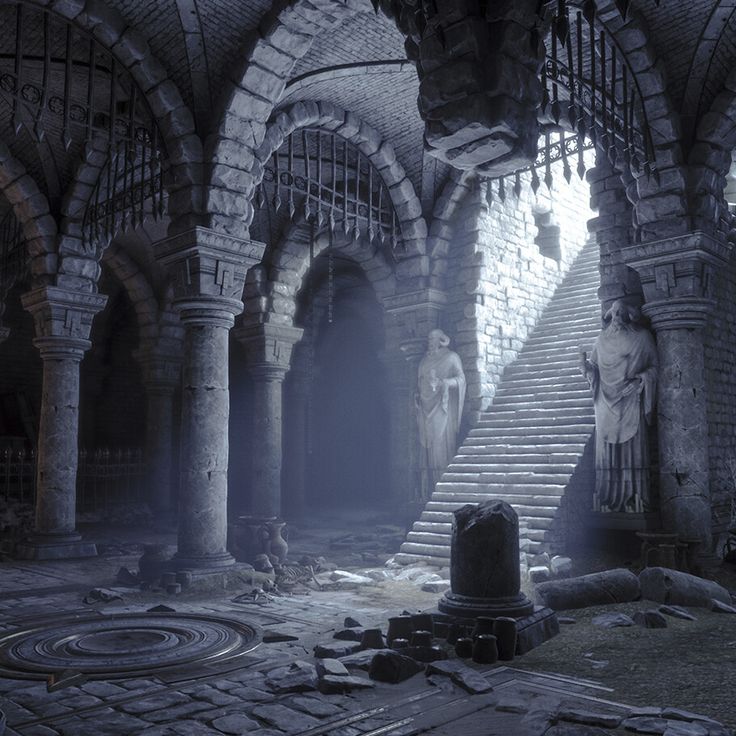 an abandoned building with stairs and statues