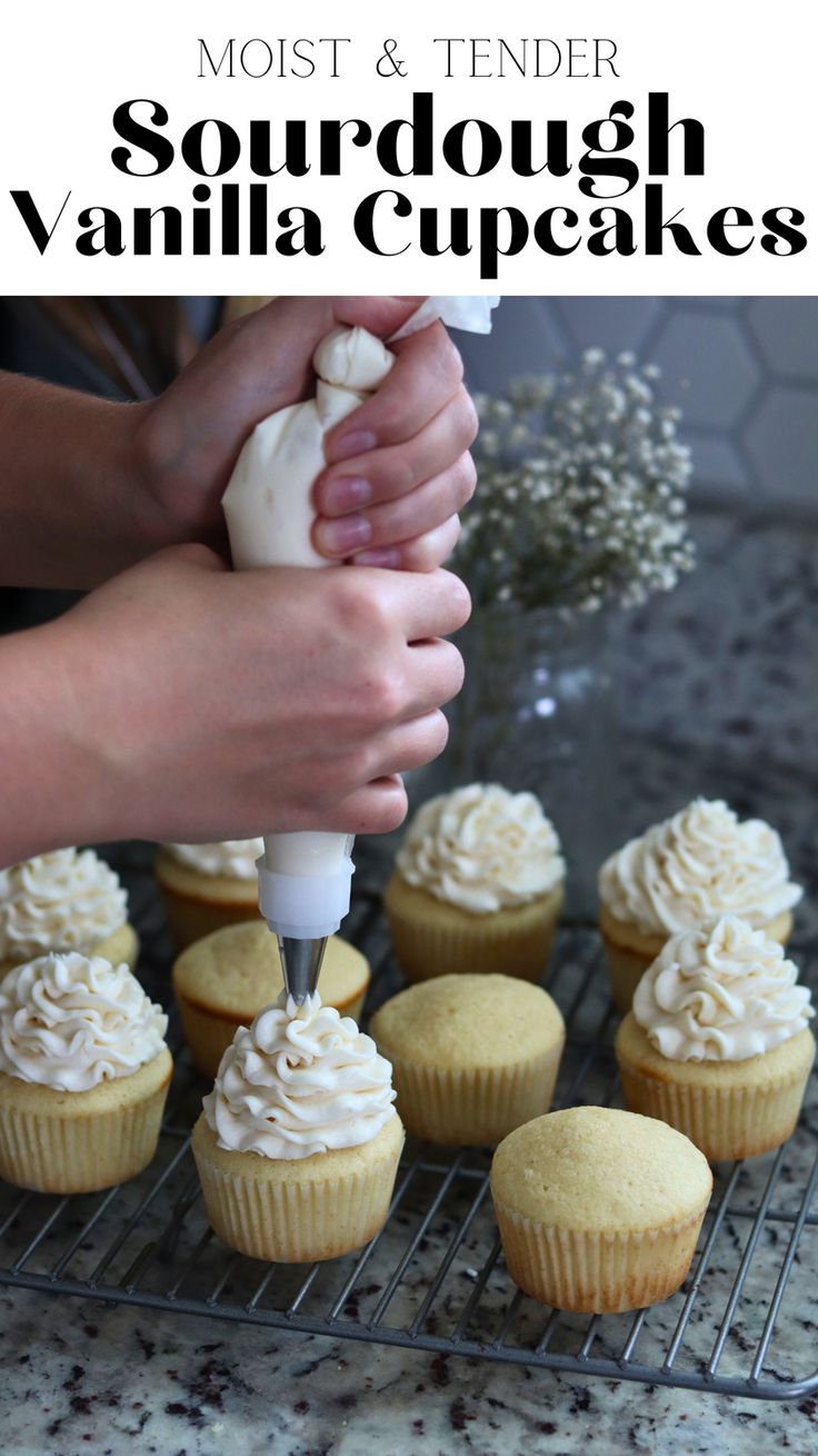 someone is frosting cupcakes with white icing on a wire rack and the words, most & tender sourdough vanilla cupcakes