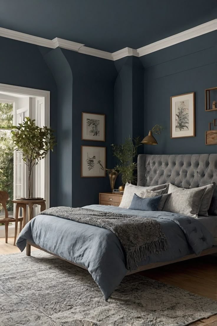 bedroom interior design, luxurious home decor, statement furniture, elegant design aesthetics Elegant Bedroom Paint Ideas, Bedroom Wall And Ceiling Paint, Indigo Blue Bedroom Ideas, Parisian Blue Bedroom, Blue Bedroom Inspo Aesthetic, Modern Blue Bedroom Ideas, Statement Bedroom Wall, Superking Bed Ideas, Dark Blue Bedroom Ideas Colour Schemes