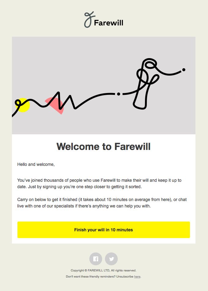 the farewell email from farewill's website is shown in yellow and black