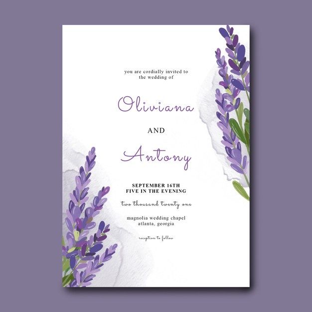 a wedding card with purple flowers on the front and bottom, in watercolor style