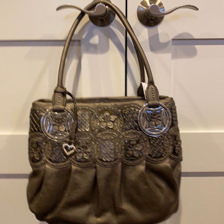 Pewter With Flower And Design Detail With Gathering Sectional Inside Bag Wishlist, Brighton Purses, Brighton Handbags, Brighton Bags, Straw Handbags, Croc Leather, Brown Shoulder Bag, Black Leather Purse, Straw Tote