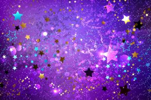 purple and gold stars are falling from the sky