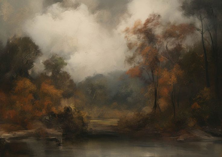 a painting of trees and water with clouds in the background