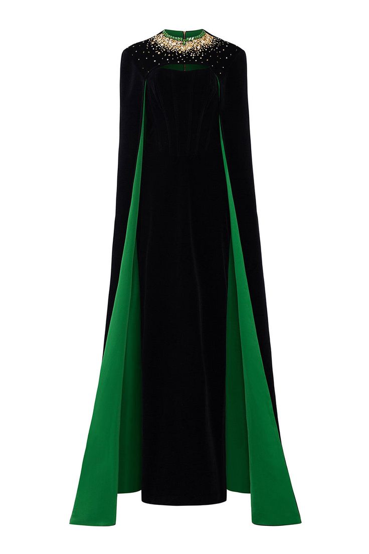 This stunning velvet dress features a strapless design and long cape sleeves, making it perfect for formal occasions. The elegant silhouette adds a touch of sophistication, while the soft fabric provides comfort and luxury. Elevate your style with this floor length dress. *Note: The length is measured from the shoulder to the shortest of the front.Length: XS: 157cm, S: 159cm, M/L/XL: 160cm, XXL: 162cm Velvet Floor Length Dress, Velvet Gowns, Corset Gown, Long Cape, Knitwear Outfit, Happy Clothes, Strapless Bustier, Velvet Gown, Floor Length Dress