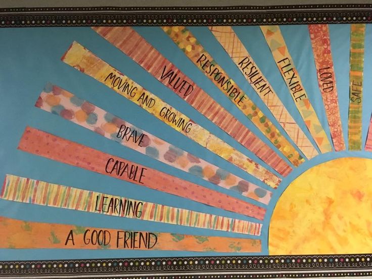 a bulletin board with words written on it and an image of a sun in the middle